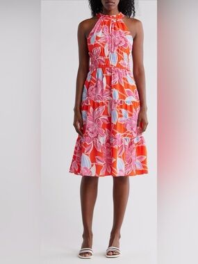 Eliza J Red Floral Tiered Halter Dress Size 12 NWT